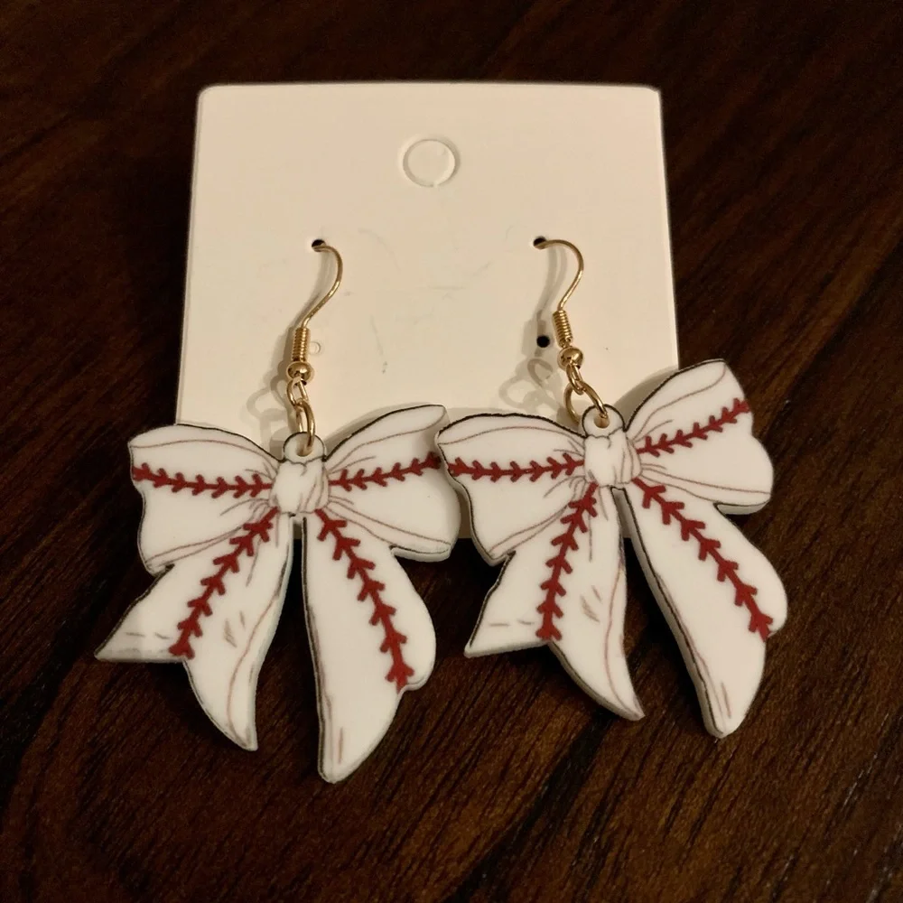 White Bow Baseball Stitch Drop Earrings by - Picture 3 of 5
